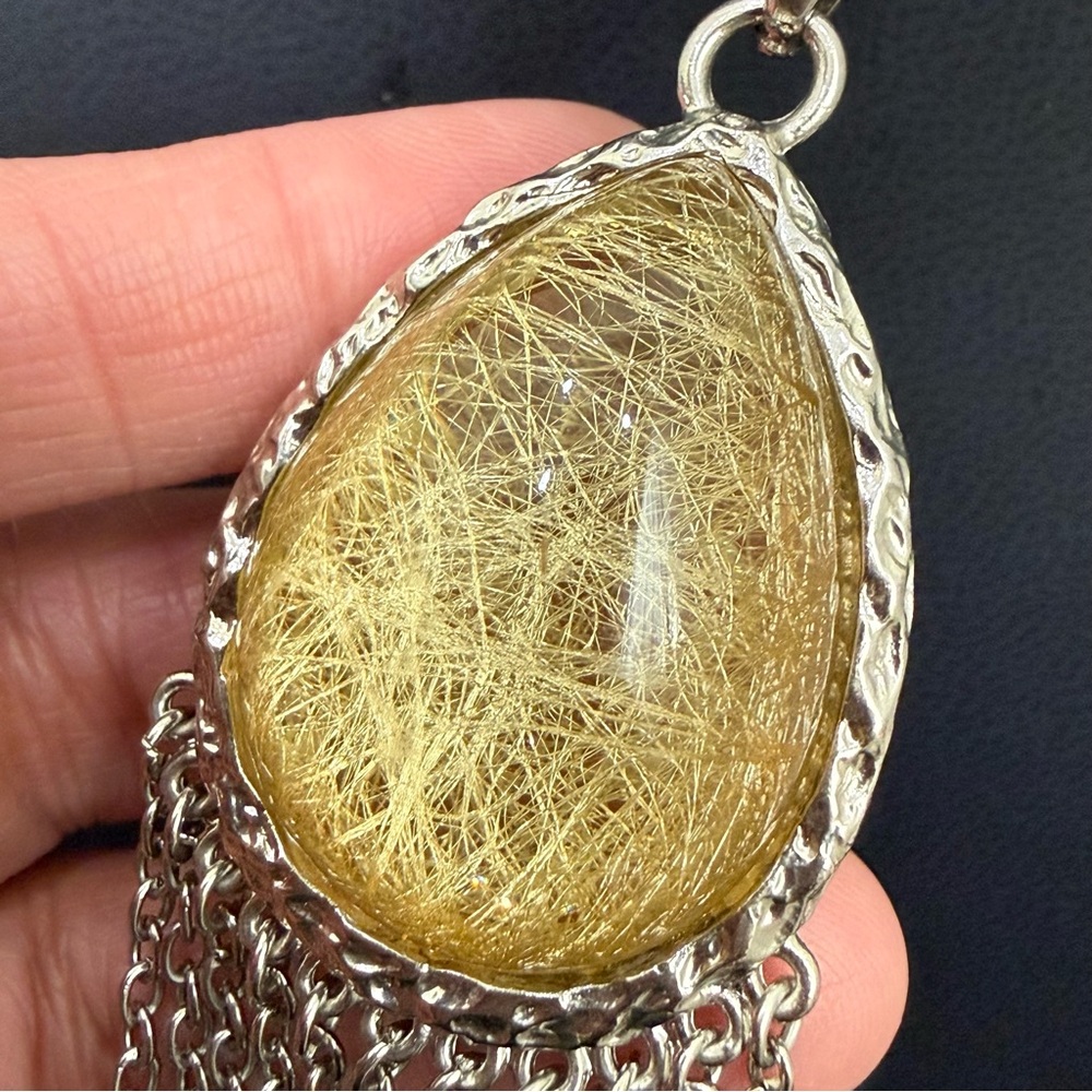Stainless Steel Golden Rutilated Quartz Teardrop Fringe Pendant 29” Necklace - Picture 6 of 14